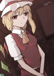  1girl ascot black_background blonde_hair closed_mouth commentary_request flandre_scarlet foreshortening hair_between_eyes half-closed_eyes hat hat_ribbon kegya_(kagiya_hourai) light_frown mob_cap one-hour_drawing_challenge one_side_up own_hands_together red_eyes red_ribbon red_skirt red_vest ribbon shirt short_hair short_sleeves simple_background skirt solo touhou upper_body vest white_hat white_shirt yellow_ascot 
