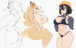 2026 abs anthro areola big_breasts black_bra black_clothing black_hair black_panties black_pubes black_underwear blonde_hair bra breasts butt canid canine choker clothed clothed_female clothed_human clothing clothing_lift digital_drawing_(artwork) digital_media_(artwork) ear_piercing eyelashes female female_anthro female_human front_view hair hat headgear headwear human jewelry light_body light_skin long_hair mammal navel necklace nipples nude nude_anthro nude_female panties piercing pube_peek pubes question_mark rear_view samma shirt shirt_lift simple_background sitting tail topwear underwear white_background white_sclera