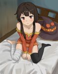  1girl asymmetrical_legwear bandaged_leg bandages bare_shoulders between_legs black_hat black_thighhighs bright_pupils brown_hair bwilliam chinese_commentary closed_mouth collarbone commentary dress eyelashes flat_chest from_above hair_over_shoulder hand_between_legs hat headboard highres kono_subarashii_sekai_ni_shukufuku_wo! light_smile long_sleeves looking_at_viewer looking_up megumin mismatched_legwear no_choker off-shoulder_dress off_shoulder on_bed red_dress red_eyes short_dress short_hair short_hair_with_long_locks sidelocks single_bare_foot sitting smile solo thighhighs toes unworn_hat unworn_headwear v_arms wariza witch_hat yellow_trim zettai_ryouiki 