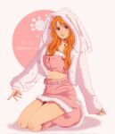  1girl alternate_costume animal_ear_hood animal_ears belt belt_buckle blossom_uto buckle closed_mouth commentary crop_top english_commentary full_body fur-trimmed_shirt fur-trimmed_skirt fur_trim fuzzy_clothes hair_ornament heart heart_hair_ornament highres hood hoodie long_hair long_sleeves midriff nami_(one_piece) navel one_piece open_clothes open_hoodie orange_eyes orange_hair pink_belt pink_lips pink_shirt pink_skirt pink_socks rabbit_ears seiza shirt sitting skirt socks solo star_(symbol) thighs twitter_username wavy_hair 