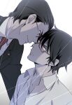  2boys aged_up alternate_eye_color black_hair black_jacket boku_dake_ga_inai_machi collarbone collared_shirt commentary_request dress_shirt face-to-face forehead-to-forehead frown fujinuma_satoru glasses grin heads_together jacket jumping_dogeza male_focus multiple_boys necktie open_collar red_eyes red_necktie shirt short_hair smile yashiro_gaku 