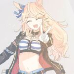  1girl animal_ears bikini bikini_top_only black_choker black_jacket blonde_hair blue_bikini blue_ribbon breasts choker closed_eyes commentary_request gloves gold_city_(authentic/1928)_(umamusume) gold_city_(umamusume) gold_necklace hair_ribbon horse_ears horse_girl horse_tail inutose jacket jewelry long_hair navel necklace open_clothes open_jacket open_mouth ribbon solo stomach striped_bikini striped_clothes swimsuit tail umamusume v white_gloves 