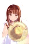  1girl blush brown_hair child closed_mouth commentary dated dress happy hat highres holding holding_unworn_clothes holding_unworn_hat long_hair looking_at_viewer mearian orange_eyes oyasumi_punpun short_sleeves smile solo tanaka_aiko unworn_hat unworn_headwear white_dress 