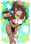  1girl armlet bracelet breasts brown_eyes brown_hair earrings gold_armlet gold_bracelet gold_earrings gold_thighlet green_(pokemon) grin harem_outfit highres holding holding_poke_ball jewelry leaning_forward long_hair looking_at_viewer medium_breasts pelvic_curtain poke_ball pokemon pokemon_lgpe redjet smile thighlet very_long_hair 