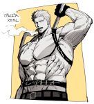  1boy abs beard_stubble belt belt_buckle black_belt black_pants buckle chest_strap domo_(domo_kizusuki) epaulettes facial_hair greyscale hand_up highres holding holding_weapon looking_at_viewer male_focus manly mature_male monochrome muscular muscular_male no_shirt one_piece pants pectorals simple_background smoke smoke_trail smoker_(one_piece) smoking solo stubble undercut v-taper veins veiny_arms veiny_crotch weapon white_hair 