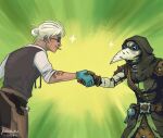  2girls arm_tattoo belt black_vest blue_gloves brown_pants commission darkest_dungeon dated dessa_banks fublebuble glasses gloves green_background gun hair_bun handshake highres holster hood mouth_hold multiple_girls pants plague_doctor_(darkest_dungeon) plague_doctor_mask potion second-party_source shirt short_hair smoking standing tactical_breach_wizards tattoo vest vial weapon white_hair white_shirt 