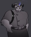 2023 2_horns absurd_res anthro arm_tuft belt big_muscles big_pecs blue_eyes blue_smoke bovid bovine cattle clothed clothed_anthro clothed_male clothing digital_drawing_(artwork) digital_media_(artwork) elbow_tuft fully_clothed fully_clothed_anthro fully_clothed_male grey_background hair hi_res horn male male_anthro mammal melaisen musclegut muscular pecs portrait simple_background smile smoke solo teeth three-quarter_portrait tooth_gap tuft wedge_(melaisen)