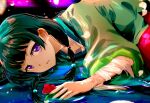  1girl chinese_clothes commentary flower freckles grey_hair highres kusuriya_no_hitorigoto long_hair looking_at_viewer lying maomao_(kusuriya_no_hitorigoto) purple_eyes sengoku_chidori solo twintails untranslatable_commentary water 