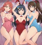  3girls absurdres animal_ears azuna_(love_live!) bangs black_eyes black_hair blue_eyes blue_leotard blunt_bangs bow braid braided_bun breasts brown_hair bunny_pose cleavage clothing_cutout detached_collar fake_animal_ears feather_hair_ornament feathers flower grey_eyes hair_between_eyes hair_bow hair_flower hair_ornament hairpin half_updo highleg highres leotard long_hair love_live! love_live!_nijigasaki_high_school_idol_club medium_hair multiple_girls navel_cutout one_side_up orange_hair ousaka_shizuku pink_hair playboy_bunny ponytail rabbit_ears rabbit_tail red_bow red_leotard side_bun sidelocks strapless strapless_leotard swept_bangs tail uehara_ayumu wewe wrist_cuffs yellow_eyes yuuki_setsuna_(love_live!) 