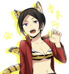  1girl 7100potechi animal_ears animal_print black_hair bra breasts hand_up jacket kitora_ai long_sleeves looking_at_viewer medium_breasts open_clothes open_hand open_jacket open_mouth purple_eyes red_jacket short_hair solo tail tiger_ears tiger_print tiger_tail underwear upper_body white_background world_trigger 