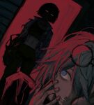  2girls asymmetrical_arms blue_eyes blunt_ends bob_cut celine_(sy_no) commentary crying crying_with_eyes_open deimos_(sy_no) doorway english_commentary eyewear_on_head glasses hair_over_one_eye hand_on_own_face highres horror_(theme) looking_at_another looking_back messy_hair midriff mismatched_arms monster_arm multiple_girls nervous original pants red_eyes red_theme round_eyewear scared shaded_face short_hair sports_bra standing sweat sy_no tears tomboy white_hair 