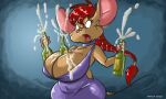  2022 alcohol anthro between_breasts beverage big_breasts breasts champagne champagne_bottlee cleavage clothed clothing dress dutch_(artist) female hair holidays looking_surprised mammal misty_(dutch) mouse murid murine new_year red_hair rodent solo 