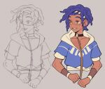  1boy blue_hair blue_hoodie cai_(fire_emblem) dark-skinned_male dark_skin fire_emblem fire_emblem:_fortune's_weave fire_emblem_fates highres hood hood_down hoodie looking_to_the_side male_focus shy-shortcake sketch solo two-tone_hoodie white_hoodie yellow_eyes 