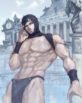  1boy architecture battle_tendency bracer eyeshadow head_scarf jojo_no_kimyou_na_bouken kars_(jojo) lace_veil loincloth makeup male_focus muscular muscular_male pillar red_eyes revealing_clothes solo statue topless_male yepnean 