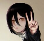  1girl black_hair chainsaw_man chinese_commentary commentary_request czy_(2894456992) expressionless from_side frown hair_between_eyes lofter_username looking_at_viewer mole mole_under_eye nayuta_(chainsaw_man) orange_eyes portrait ringed_eyes solo v watermark 