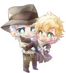  2boys beard blonde_hair boots caesar_anthonio_zeppeli carrying chibi facial_hair facial_mark gloves green_eyes grey_hair headband highres jojo_no_kimyou_na_bouken joseph_joestar joseph_joestar_(old) long_coat male_focus multiple_boys old old_man older princess_carry sky_kiki stardust_crusaders teenage time_paradox torn_clothes white_gloves wrench younger 