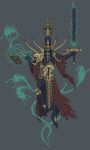  1boy armor black_armor black_helmet bone bone_armor book cape commentary emaciated energy english_commentary floating floating_book floating_object full_body ghost giant glowing glowing_eyes green_eyes grey_background helmet highres holding holding_sword holding_weapon horror_(theme) ismartal levitation lich male_focus nagash necromancer pixel_art skeleton skull solo stitched_torso stitches sword torn_cape torn_clothes undead waist_cape warhammer:_age_of_sigmar warhammer_fantasy weapon wind 