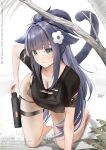  1girl animal_ears arknights black_panties black_shirt blunt_bangs branch breasts cat_ears cat_girl cat_tail cleavage closed_mouth collarbone commentary_request commission flower green_eyes gun hair_flower hair_ornament handgun holster jessica_(arknights) kneeling large_breasts long_hair mixed-language_commentary panties pixiv_commission ponytail purple_hair see-through_clothes see-through_shirt shirt smile solo tail thigh_holster underwear weapon white_background yokaze_(yokajie) 