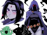  1boy 1girl ai-generated_art_(topic) ash_baby_(meme) beast_boy_(dc) black_leotard blush breasts cape colored_skin dc_comics forehead_jewel glowing grey_skin gwaeji heart heart-shaped_pupils highres leotard looking_at_viewer medium_breasts meme purple_eyes purple_hair raven_(dc) red_eyes short_hair sleeved_leotard spoken_heart symbol-shaped_pupils teen_titans thighs 