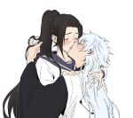  1boy 1girl alternate_hair_length_(longer) black_hair bleach bleach:_sennen_kessen-hen blush closed_eyes commentary english_commentary french_kiss grey_hair hand_in_another's_hair haori height_difference high_ponytail highres hitsugaya_toushirou japanese_clothes kiss kurosaki_karin ponytail school_uniform serafuku shihakusho short_male silegesi taichou_haori tongue 