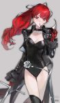  1girl absurdres bell_sleeves black_boots black_choker black_coat black_leotard black_mask black_ribbon boots breasts choker cleavage closed_mouth coat collarbone commission cowboy_shot gloves grey_background highres holding holding_mask holding_sword holding_weapon leather_coat leotard long_hair long_sleeves looking_at_viewer mask medium_breasts metal_flower mihuashi_commission mihuashi_logo mihuashi_username open_clothes open_coat persona persona_5 persona_5_the_royal ponytail red_eyes red_gloves red_hair ribbon shuang_geng simple_background solo sword tailcoat thigh_boots violet_(persona_5) weapon yoshizawa_kasumi 