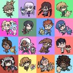  6+boys 6+girls absurdres asahina_aoi buizel celestia_ludenberg chibi chibi_only crossover crystal_ball danganronpa:_trigger_happy_havoc danganronpa_(series) eevee enoshima_junko everyone farfetch'd fujisaki_chihiro fukawa_toko gothorita grookey hagakure_yasuhiro hatterene highres holding holding_knife holding_pen hug ikusaba_mukuro ishimaru_kiyotaka kirigiri_kyoko knife kubfu kuwata_leon maizono_sayaka maschiff meowstic multiple_boys multiple_girls naegi_makoto ogami_sakura owada_mondo pawniard pen pokemon pokemon_(creature) popplio porygon psyduck suraelis watchog wimpod yamada_hifumi 