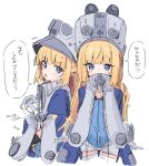  1girl anger_vein blonde_hair blue_eyes blue_jacket blush commentary_request gloves grey_hat hat jacket long_hair looking_at_viewer multiple_views norma_(zenless_zone_zero) open_mouth simple_background speech_bubble thighhighs translation_request white_background white_gloves white_thighhighs youbi_(0ver_sd) zenless_zone_zero 