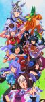  1990s_(style) 6+girls ahoge animal_ears aqua_bow aqua_bowtie aqua_ribbon armband ascot bandaid bandaid_on_cheek bandaid_on_face bandaid_on_nose bandeau bare_shoulders black_hair black_jacket black_skirt blue_bandeau blue_eyes blue_flower blue_rose blue_sailor_collar blue_sports_bra blunt_bangs bow bowtie braid breasts brooch brown_hair brown_hat coat dress ear_bow ear_covers ear_ornament ear_ribbon flipped_hair flower frilled_coat frilled_jacket frills fur_choker gloves gold_ship_(red_strife)_(umamusume) gold_ship_(umamusume) green_sailor_collar grey_hair hair_between_eyes hair_ornament hair_over_one_eye hairband hairclip half_up_braid hat hat_flower highres hime_cut hood hoodie horse_ears horse_girl horse_tail jacket jewelry long_hair long_sleeves looking_at_viewer mejiro_mcqueen_(frontline_elegance)_(umamusume) mejiro_mcqueen_(umamusume) mouth_hold multicolored_hair multicolored_hairband multiple_girls narita_brian_(maverick)_(umamusume) narita_brian_(umamusume) neckerchief off-shoulder_dress off_shoulder oguri_cap_(starlight_beat)_(umamusume) oguri_cap_(umamusume) open_mouth orange_hair orange_tail pillbox_hat pink_ascot pleated_skirt ponytail purple_bow purple_eyes purple_hair purple_ribbon purple_vest red_dress red_eyes red_hoodie red_jacket red_neckerchief retro_artstyle ribbon rice_shower_(rosy_dreams)_(umamusume) rice_shower_(umamusume) rope rose sailor_collar shirt short_hair short_sleeves silence_suzuka_(innocent_silence)_(umamusume) silence_suzuka_(umamusume) sin_emu skirt sleeveless sleeveless_dress sleeveless_hoodie sleeveless_jacket smile special_week_(special_dreamer)_(umamusume) special_week_(umamusume) sports_bra stalk_in_mouth star_brooch striped_armband striped_clothes tail tilted_headwear two-tone_hair two-tone_hairband umamusume vest white_gloves white_hair white_hairband winning_ticket_(get_to_winning!)_(umamusume) winning_ticket_(umamusume) wristband yellow_eyes 