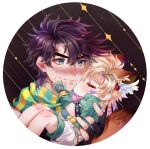  2boys animal_ears battle_tendency black_hair blonde_hair blue_eyes blush brown_hair caesar_anthonio_zeppeli chibi child facial_mark fingerless_gloves fox_ears fox_tail gloves gradient_hair green_eyes green_jacket jacket jojo_no_kimyou_na_bouken joseph_joestar joseph_joestar_(young) kemonomimi_mode kiss kissing_cheek male_focus multicolored_hair multiple_boys purple_hair round_image shorts sky_kiki tail wing_hair_ornament younger 