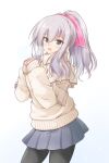  1girl alternate_costume black_legwear black_skirt blue_eyes highres icesherbet kantai_collection kashima_(kancolle) long_sleeves miniskirt official_alternate_costume pantyhose pleated_skirt ponytail sidelocks silver_hair skirt solo sweater white_sweater 