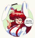 1girl :d animal_ears artist_logo breasts circle collarbone commentary dayna_tayami_(charupopu) english_commentary faux_retro_artstyle green_background highres index_finger_raised kurocharu large_breasts logo long_hair looking_at_viewer messy_hair one_eye_closed open_mouth original rabbit_ears rabbit_girl raised_eyebrows red_hair sailor_collar sailor_shirt shirt sidelocks simple_background smile solo speech_bubble straight-on two-tone_background two-tone_shirt upper_body white_background white_shirt 