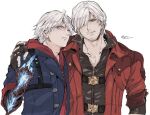  arm_around_shoulder black_gloves black_shirt blue_coat blue_eyes closed_mouth coat collared_shirt commentary_request dante_(devil_may_cry) devil_may_cry_(series) devil_may_cry_4 gloves hair_over_one_eye kiguchiko lapels long_sleeves middle_finger nero_(devil_may_cry) notched_lapels one_eye_covered parted_bangs partially_fingerless_gloves prosthesis prosthetic_arm red_coat shirt short_hair uncle_and_nephew unzipped upper_body white_background white_hair zipper 