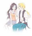 1boy 1girl alternate_costume black_hair black_vest blonde_hair blue_pants blush commentary_request contemporary dissidia_duellum_final_fantasy dissidia_final_fantasy feet_out_of_frame final_fantasy final_fantasy_ix garnet_til_alexandros_xvii grey_pants hetero highres holding holding_another's_arm holding_ice_cream_cone ice_cream_cone korean_commentary lilykim_ffxiv long_hair low-tied_long_hair low_ponytail official_alternate_costume open_mouth orange_shirt pants parted_bangs parted_lips ponytail shirt shirt_under_shirt sitting smile vest white_background white_shirt zidane_tribal zidane_tribal_(vacationing_thief) 