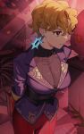  1girl arms_behind_back black_eyes blonde_hair book breasts briar_(pokemon) brute_bonnet commentary_request corset curly_hair earrings eyelashes flutter_mane highres hsin jacket jewelry large_breasts pants plant pokemon pokemon_sv purple_jacket red_pants scarlet_book_(pokemon) scream_tail smile sunset sweater_under_jacket 
