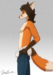 2023 angry anthro black_nose black_text blue_bottomwear blue_clothing blue_pants bottomwear bottomwear_pull briefs brown_eyes brown_hair bulge calvin_klein canid canine clothed clothing clothing_pull detailed_background eyebrows fox frustrated fur grey_background hair hi_res james_foster long_hair male mammal meme nipples orange_body orange_fur pants pants_pull signature simple_background solo tan_body tan_fur text thick_eyebrows tighty_whities topless topless_male underwear white_briefs white_clothing white_underwear