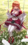  1girl absurdres ankle_boots boots breasts cleavage collar dirndl dress earrings feather_earrings feathers frilled_collar frilled_dress frills german_clothes hakos_baelz highres hololive hololive_english jewelry large_breasts layered_dress long_hair looking_at_viewer official_alternate_costume on_swing open_mouth orange_boots orange_feathers orange_hair pantyhose purple_eyes red_dress signature smile solo soup_(soupysoull) swing takanashi_kiara takanashi_kiara_(drawn_to_dawn) virtual_youtuber white_pantyhose 