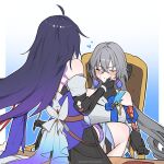  2girls ahoge animal_print badge bare_shoulders blush breasts bronya_rand butterfly_print chair closed_eyes commentary detached_sleeves drill_hair earrings english_commentary flustered gloves gradient_background gradient_hair grey_hair hair_between_eyes highres honkai:_star_rail honkai_(series) jewelry layered_clothes long_hair marydjiang multicolored_hair multiple_girls pen purple_hair ribbon seele_(honkai:_star_rail) shorts sitting strap sweatdrop table thighs v-shaped_eyebrows very_long_hair yuri 