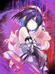  1girl absurdres bare_shoulders beret blue_hair colored_inner_hair detached_sleeves expressionless flower hat highres japanese_clothes kimono looking_at_viewer looking_down looking_to_the_side mahou_shoujo_no_inshuu_mura mikage_rizu multicolored_hair okanda short_hair solo splatter upper_body white_flower white_hat white_kimono 