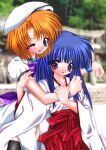  2000s_(style) 2girls ;d back_bow beret black_thighhighs blue_eyes blue_hair blunt_bangs blunt_ends blurry blurry_background bow bowtie commentary_request depth_of_field dress eyelashes fingernails furude_rika hakama hakama_skirt hands_on_another's_arm happy hat higurashi_no_naku_koro_ni hime_cut hug hug_from_behind japanese_clothes kamukamu_(kazewatari) kimono light_blush long_hair long_sleeves looking_at_viewer medium_hair miko multiple_girls one_eye_closed open_mouth orange_hair parted_bangs partial_commentary puffy_short_sleeves puffy_sleeves purple_bow purple_bowtie purple_eyes red_bow red_bowtie red_hakama ryuuguu_rena short_sleeves side_slit sidelocks skirt smile standing thighhighs upper_body white_dress white_hat white_kimono wide_sleeves wristband 