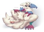  absurd_res anthro blush boxstuff clothed clothing eyewear fan_character female genitals glasses hi_res humanoid_genitalia humanoid_pussy hyilpi lying mostly_nude nintendo on_back partially_clothed pok&eacute;mon pok&eacute;mon_(species) presenting presenting_pussy pussy scarf solo video_games zangoose 
