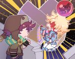  2boys battle_tendency blonde_hair blood blood_on_clothes blood_on_face blue_jacket bomber_hat brown_hair bubble caesar_anthonio_zeppeli chibi fur_hat green_scarf hat jacket jojo_no_kimyou_na_bouken joseph_joestar joseph_joestar_(young) male_focus multiple_boys ribbon rock scarf sky_kiki striped striped_scarf triangle_print ushanka 