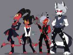  2021 absurd_res anthro axe black_bottomwear black_clothing black_hair black_pants blitzo_(helluva_boss) bottomwear bow_tie canid canid_demon chizitx clothing collar crossgender demon female ftm_crossgender fur grey_hair gun hair hellhound helluva_boss hi_res imp loona_(helluva_boss) male mammal melee_weapon millie_(helluva_boss) moxxie_(helluva_boss) mtf_crossgender pants ranged_weapon red_body red_sclera red_skin simple_background spade_tail spiked_collar spikes text weapon white_body white_eyes white_fur white_hair yellow_sclera 