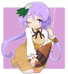  1girl biwa_lute blush border brown_dress chain closed_mouth cowboy_shot cropped_legs dress eyebrows_visible_through_hair flower hair_between_eyes hair_flower hair_ornament ini_(inunabe00) instrument long_hair long_sleeves low_twintails lute_(instrument) one_eye_closed purple_eyes purple_hair smile solo touhou tsukumo_benben twintails white_border white_flower 