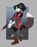  2022 5_fingers anthro black_hair black_nose breasts canid canine canis clothed clothing digital_media_(artwork) domestic_dog female fingers firetally fur grey_body grey_fur gun hair hi_res holding_gun holding_object holding_weapon mammal open_mouth ranged_weapon smile solo teeth tongue weapon 