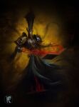  1boy absurdres armor artist_request bad_link black_armor black_helmet blood bone_armor book cape casting_spell claws emaciated energy floating floating_book floating_object fog full_body giant helmet highres horror_(theme) lich male_focus midriff nagash no_eyes skull stitched_torso stitches torn_cape torn_clothes undead waist_cape warhammer:_age_of_sigmar watermark yellow_background 