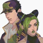  1boy 1girl black_hair blue_eyes braid double_bun father_and_daughter green_hair green_lips hat highres jojo_no_kimyou_na_bouken kujo_jolyne kujo_jotaro long_coat multicolored_hair ponytail qi_hui stone_ocean two-tone_hair 