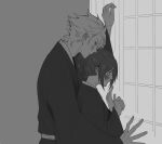 1boy 1girl bleach bleach:_epilogue blush commentary english_commentary height_difference hetero highres hitsugaya_toushirou hitsugaya_toushirou_(adult) japanese_clothes kimono kurosaki_karin ponytail shouji silegesi sliding_doors 
