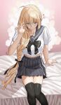  1girl absurdres aesc_(fate) bed black_thighhighs blonde_hair blue_eyes fate/grand_order fate_(series) glasses highres longdq3008 on_bed school_uniform shirt skirt solo thighhighs white_shirt zettai_ryouiki 