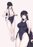  1girl areola_slip bare_legs bare_shoulders black_eyes black_hair blunt_bangs breasts breasts_out commentary_request full_body groin hair_over_breasts highres jigokumaru_akira large_breasts long_hair looking_at_viewer one-piece_swimsuit scar scar_on_face simple_background solo standing super_highleg swimsuit taimanin_(series) taimanin_rpgx topless_female white_background yuuji_(and) 