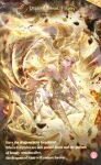  1girl armlet armored_boots artist_request bare_shoulders battle blonde_hair blood blood_spray blue_eyes boots bracelet breasts character_name claw_swipe claws closed_mouth commentary copyright_logo debris determined dragon_&amp;_dream_of_gold_(shining_nikki) dragon_girl dragon_horns dragon_tail dragon_wings drakaina_(shining_nikki) english_commentary english_text expressionless forehead forehead_jewel full_body gem gold_armlet gold_bracelet hair_horns highres horns jewelry leotard lipstick logo long_hair makeup medium_breasts miniskirt nikki_(series) official_art pendant_earring red_gem red_lips scale_print second-party_source shining_nikki showgirl_skirt skeletal_tail skirt solo spread_wings strapless strapless_leotard tail thigh_boots torn_clothes torn_skirt very_long_hair wavy_hair white_skirt wings yellow_boots yellow_horns yellow_leotard yellow_wings 
